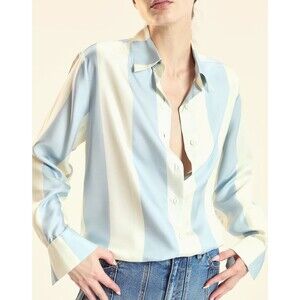 NWT Cynthia Rowley Collection Womens Blue Ivory Striped Silk Shirt Size L